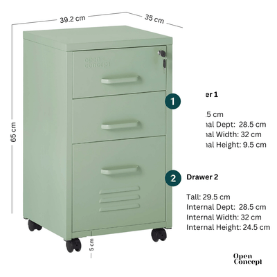 Open drawers of the Rainbow File Storage Mobile Cabinet in green, displaying filing space.