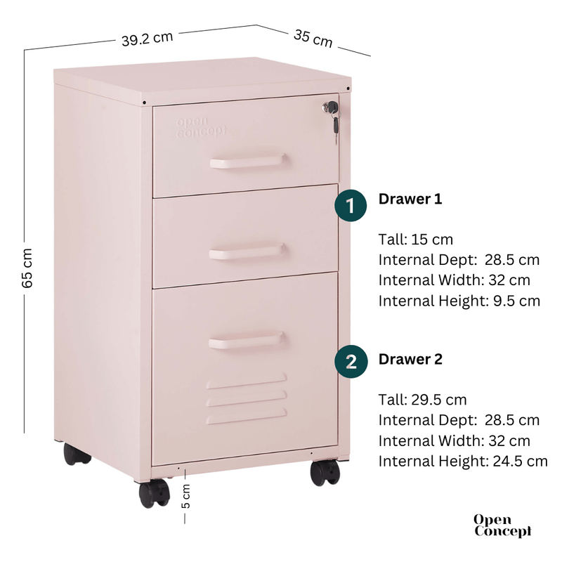 Open drawers of the Rainbow File Storage Mobile Cabinet in pink, highlighting the storage capacity.