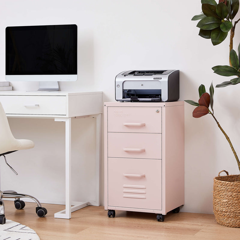 Rainbow File Storage Mobile Cabinet in pink placed in an office environment, showing practical use.