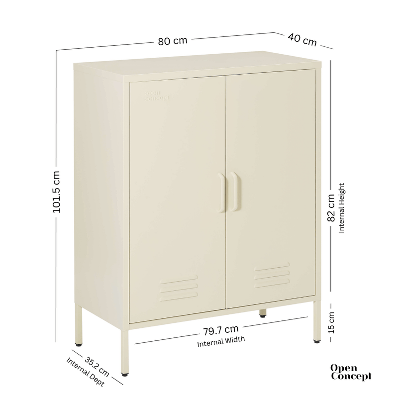 Detail of the drawer in the cream Rainbow Sideboard Storage Locker, focusing on the storage capacity.