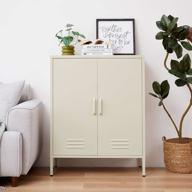 Close-up of the handles on the cream Rainbow Sideboard Storage Locker, illustrating the hardware design.