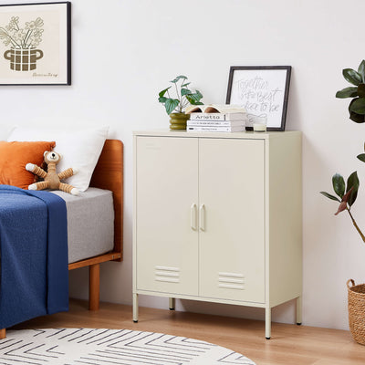Side view of cream-colored Rainbow Sideboard Storage Locker, highlighting side panel details.