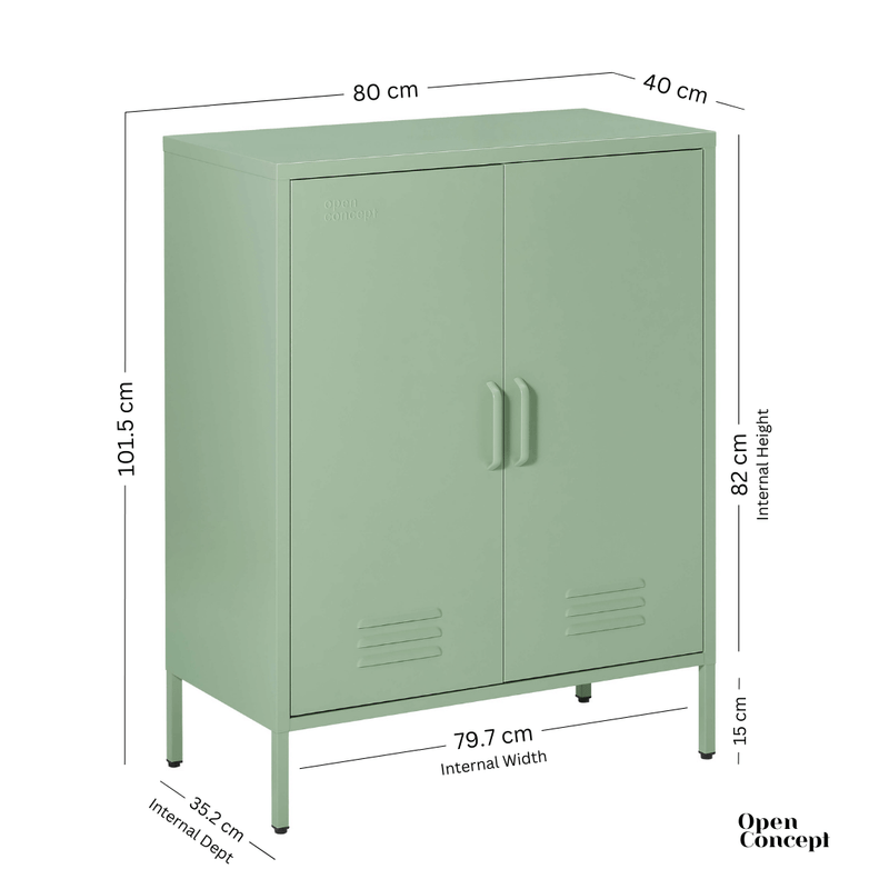 Close-up view of the drawer detail in the green Rainbow Sideboard Storage Locker, focusing on design and build quality.