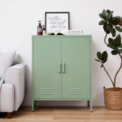 Side view of the green Rainbow Sideboard Storage Locker, highlighting its depth and side panels.