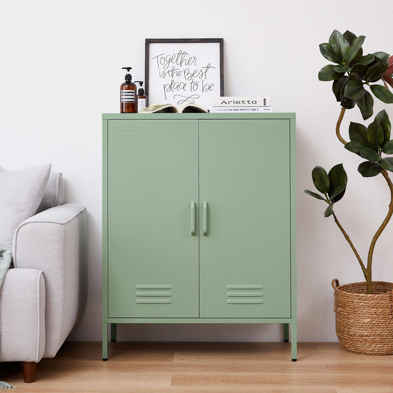 Side view of the green Rainbow Sideboard Storage Locker, highlighting its depth and side panels.