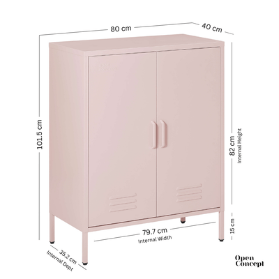 Detailed view of the drawer in the pink Rainbow Sideboard Storage Locker, focusing on the storage features and build quality.