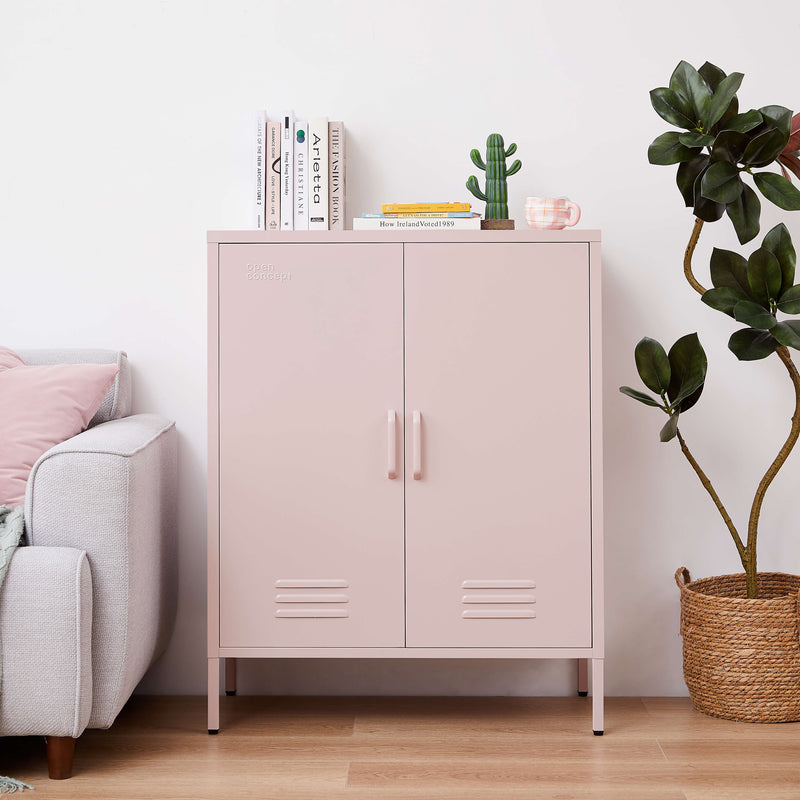 Side view of the pink Rainbow Sideboard Storage Locker, displaying its sleek side profile and finish.