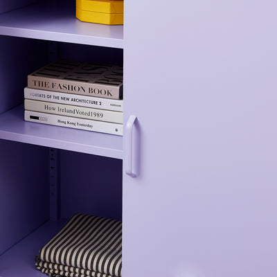 The Rainbow Sideboard Storage Locker in purple with open doors revealing its interior shelves and storage capabilities.