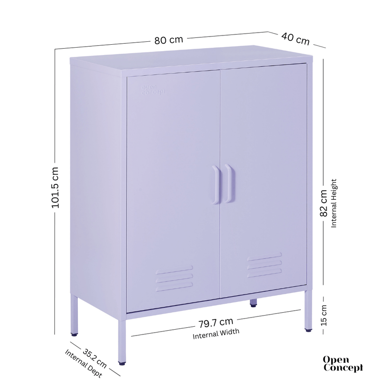 Detail of the drawer in the purple Rainbow Sideboard Storage Locker, focusing on its construction and design.