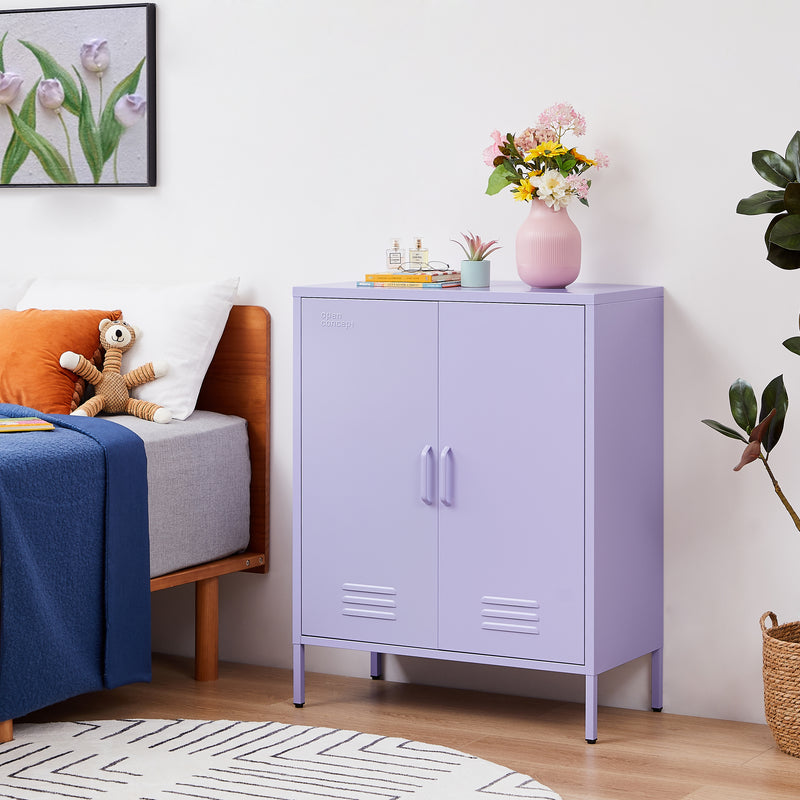 Close-up of the handles on the purple Rainbow Sideboard Storage Locker, showcasing intricate design details.