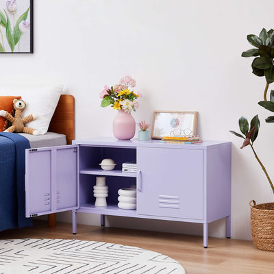 Purple locker in an industrial environment.