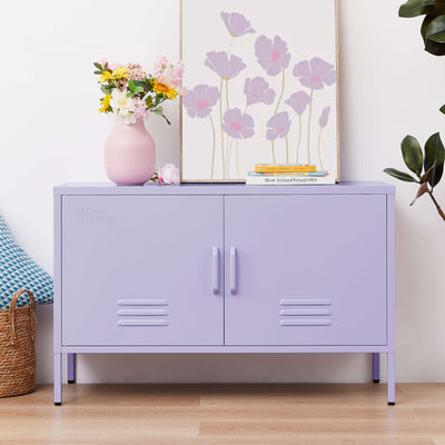 Purple locker open, showing internal shelves.