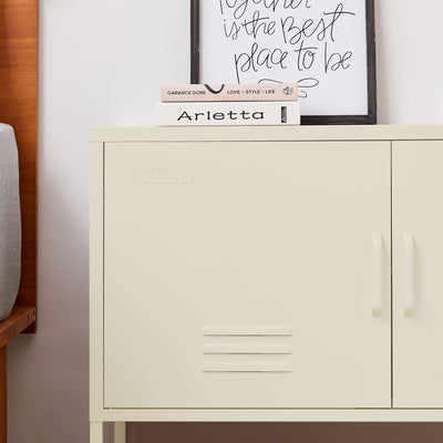 Rainbow Steel Storage Locker in cream with door open, revealing interior shelves and ample storage space.