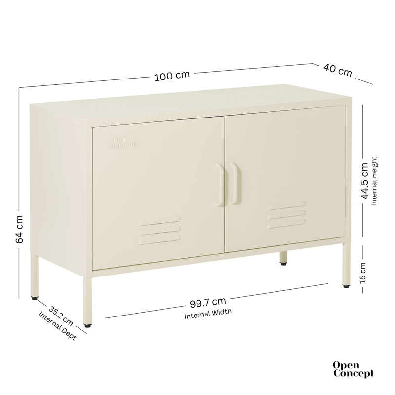 Detail shot of the handle on the cream Rainbow Steel Storage Locker, emphasizing its easy accessibility and sturdy design.