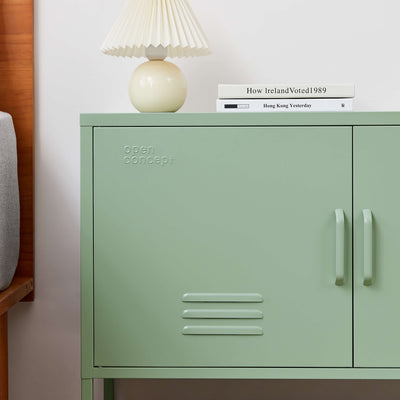 Interior view of the green Rainbow Steel Storage Locker with the door open, displaying shelving and storage capacity.