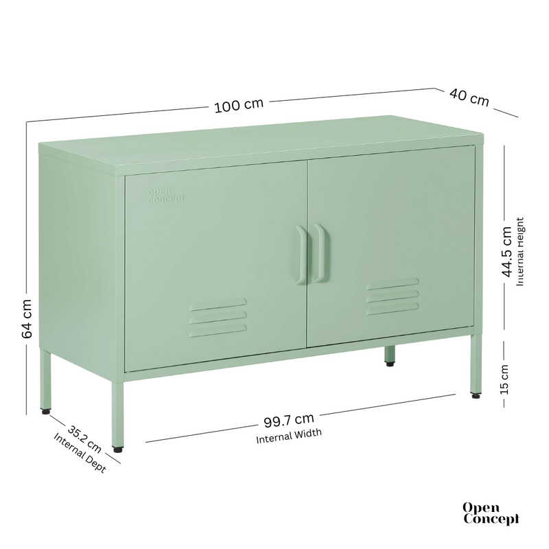 Detailed view of the handle on the green Rainbow Steel Storage Locker, highlighting ease of use and sturdy material.
