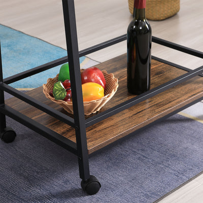 Detail of bottom storage shelf on rolling bar cart – rustic design for NZ interiors