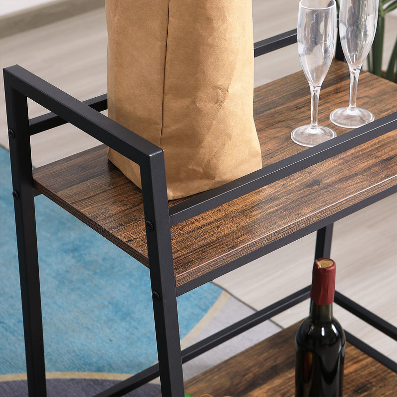 Close-up of top rustic shelf on rolling bar cart – ideal for kitchen or drinks setup