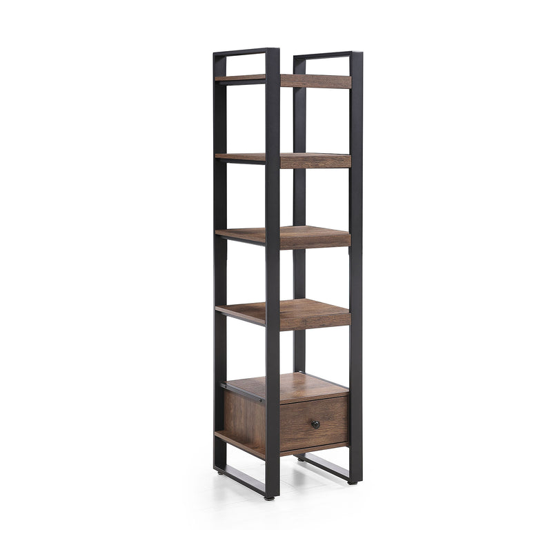 Side view of Slimline 5-Tier Bookshelf with Drawer – space-saving design for NZ interiors