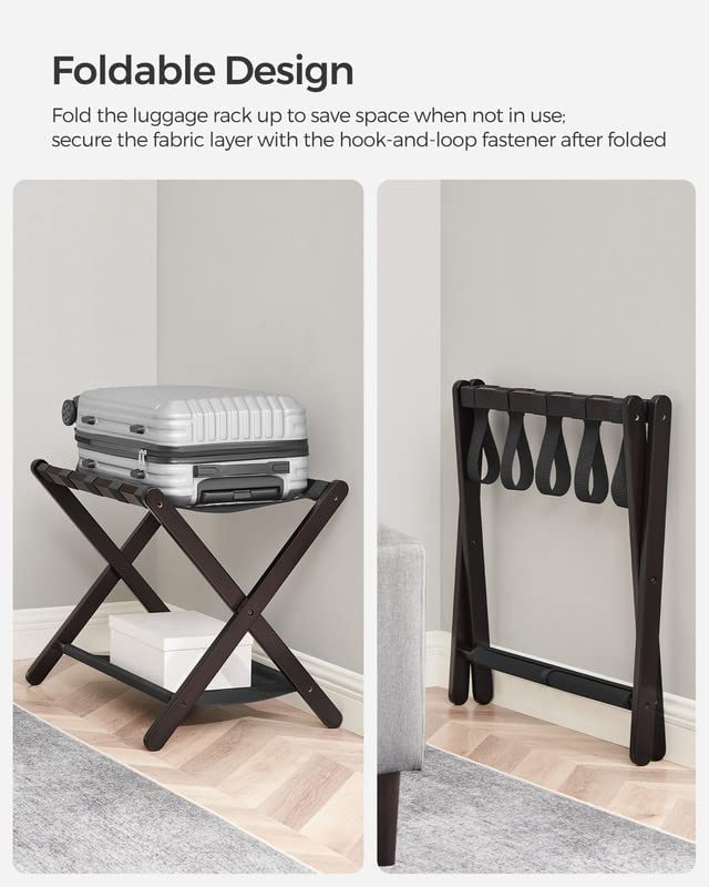 The Solid Wood Luggage Rack in use, holding a suitcase in a hotel room setting, demonstrating its functionality and style.