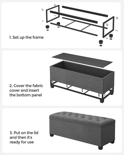 The Storage Ottoman Bench Seat in grey with the top open, showing the spacious storage compartment inside.