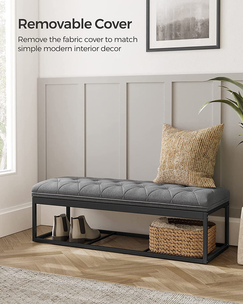 Top view of the grey 2 in 1 Storage Ottoman Bench Seat, displaying its plush top and uniform stitching.