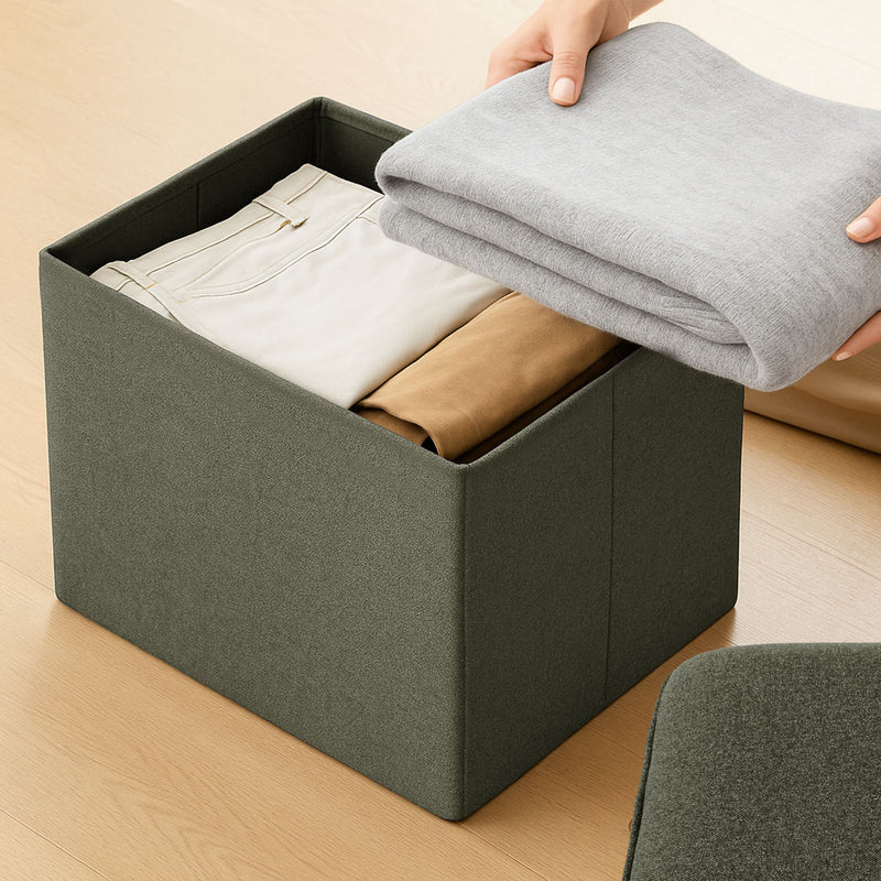 Compact foldable ottoman in olive green for home or office use