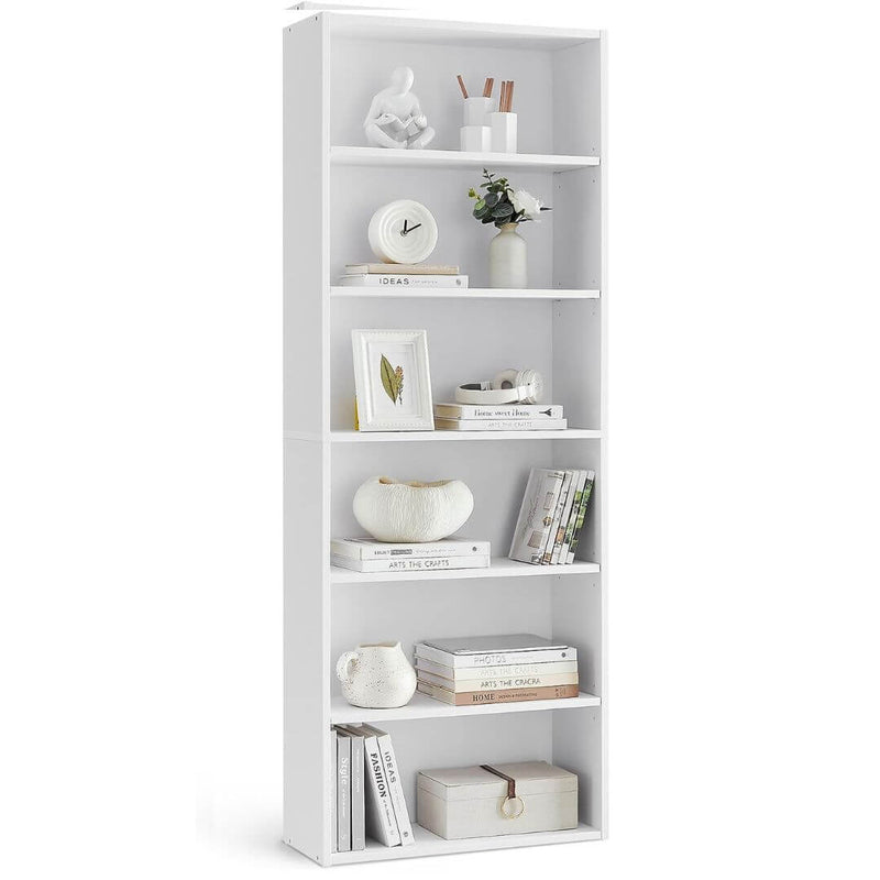 Front view of Vasagle 6 Tier Bookcase in white, dimensions 24 x 60 x 160.5 cm