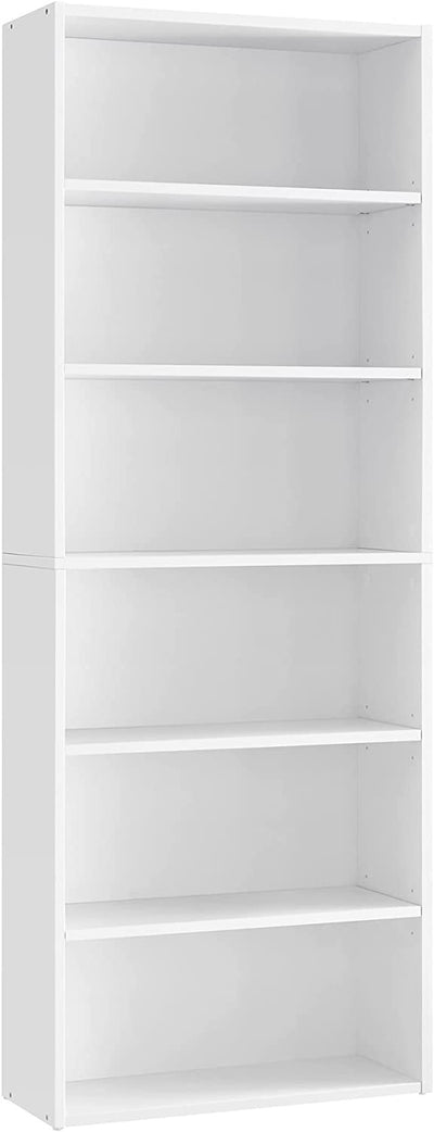 Side view of white Vasagle 6 Tier Bookcase showing shelf alignment and spacing