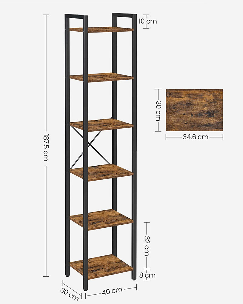 Close-up, brown bookshelf adjustable shelves.