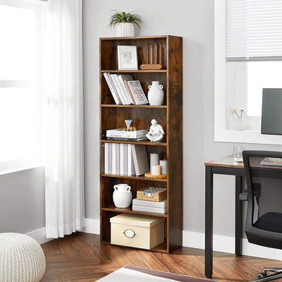 Angled view of the brown Vasagle 6 Tier Open Bookcase, highlighting the tiered structure and versatile shelf arrangement.