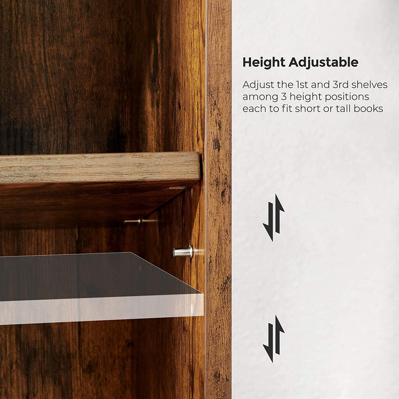 Detail view of the shelf adjustment mechanism on the brown Vasagle 6 Tier Open Bookcase, showing how shelves can be rearranged to fit various item sizes.