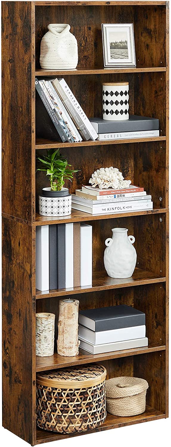 Close-up of the adjustable storage shelves on the Vasagle 6 Tier Open Bookcase, emphasizing the wood grain texture and customization options.