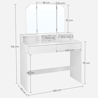 Open drawers of the Vasagle Dressing Table, displaying the ample storage space for cosmetics and jewelry.