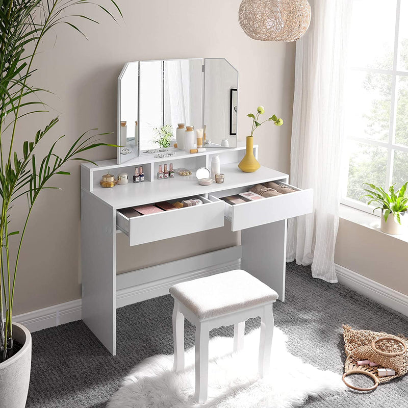 Top view of the Vasagle Dressing Table, illustrating the layout of the tabletop and mirror arrangement.