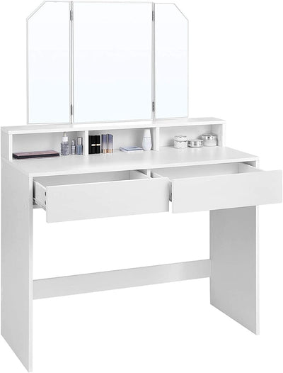 Main view of the Vasagle Dressing Table with a tri-fold mirror and multiple drawers, showcasing its elegant design and practical storage options.