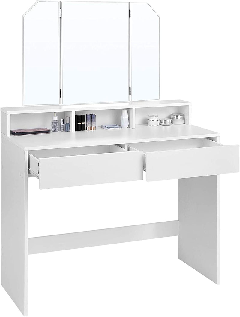 Main view of the Vasagle Dressing Table with a tri-fold mirror and multiple drawers, showcasing its elegant design and practical storage options.