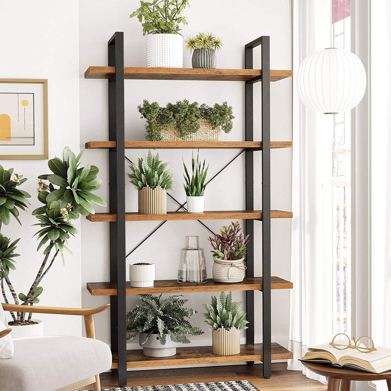 Angled view of the brown and black Vasagle 5-Tier Industrial Standing Bookcase, highlighting the depth and shelf arrangement.