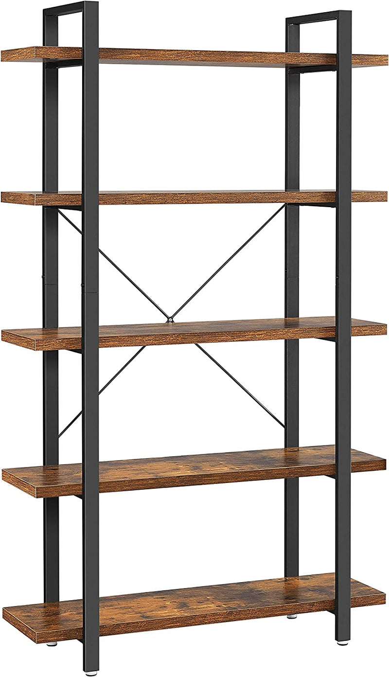 Main view of the Vasagle 5-Tier Industrial Standing Bookcase in brown and black, featuring a robust frame and spacious shelves.