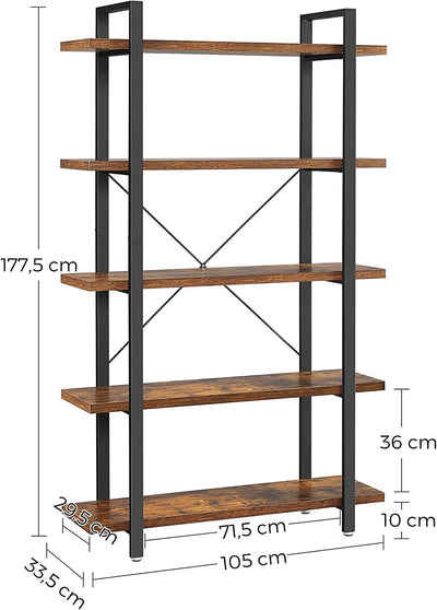 Close-up of the wooden shelves on the Vasagle Industrial Bookcase, showcasing the brown wood grain and black metal frame.