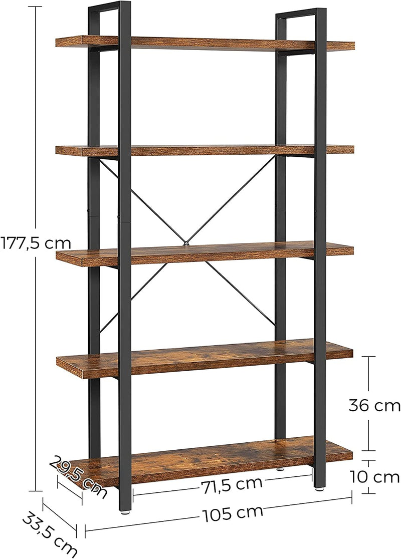 Close-up of the wooden shelves on the Vasagle Industrial Bookcase, showcasing the brown wood grain and black metal frame.