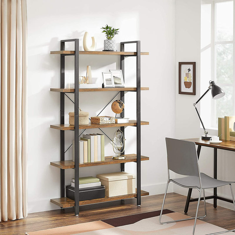 Side view of the Vasagle 5-Tier Industrial Bookcase, displaying the sleek black metal side supports.