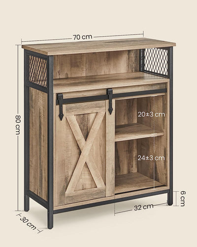 Side view of Vasagle Kitchen Storage Cabinet highlighting the barn door track and handle