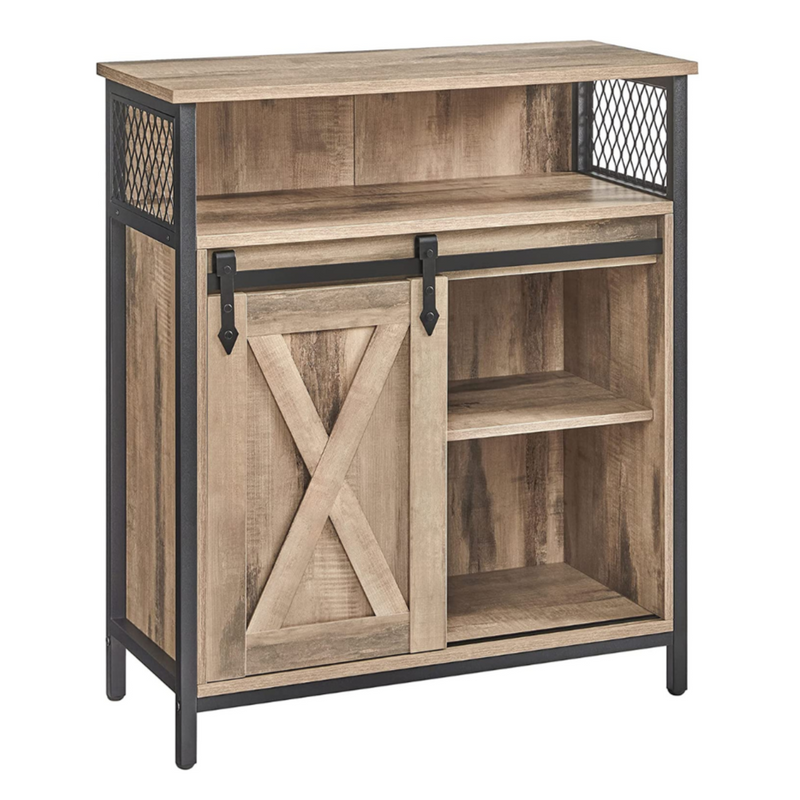 Front view of Vasagle Kitchen Storage Cabinet with Sliding Barn Door in natural wood finish