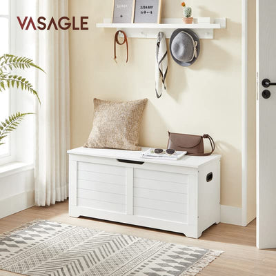 The Vasagle Storage Box in white, open to display the spacious interior and the safety hinges in action.