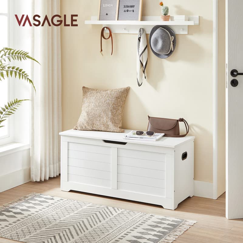 The Vasagle Storage Box in white, open to display the spacious interior and the safety hinges in action.