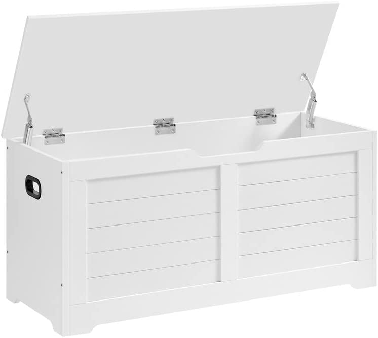 Main view of the Vasagle Storage Box in white with safety hinges, showcasing its elegant and clean design.