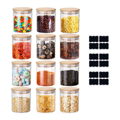 Glass Bamboo Spice Jars With Reusable Labels(Set of 12)