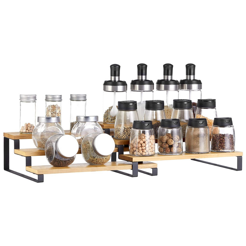 Bamboo Spice Rack Pantry Shelf Black (Set of 2)