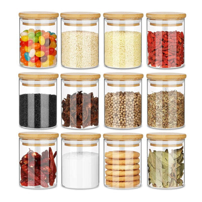 Glass Bamboo Spice Jars With Reusable Labels(Set of 12)